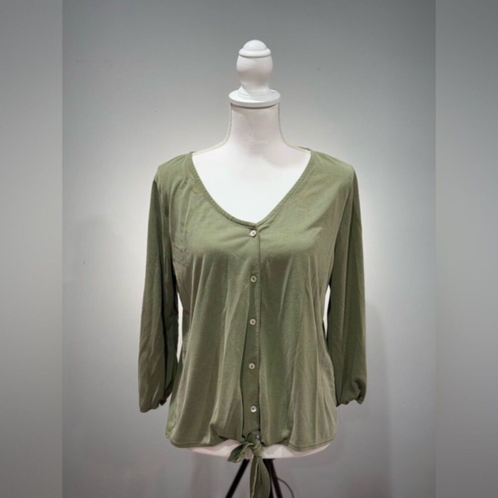 SALE! Olive Green Envelope Button Down Tie Top Size L EUC